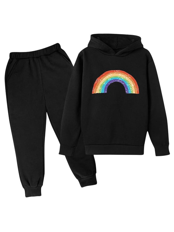 Baby Clothes for Girls Boys Solid Color Hoodie and Sweatpants Outfit Toddler Sweatsuit With Rainbow Print 4 Years Black