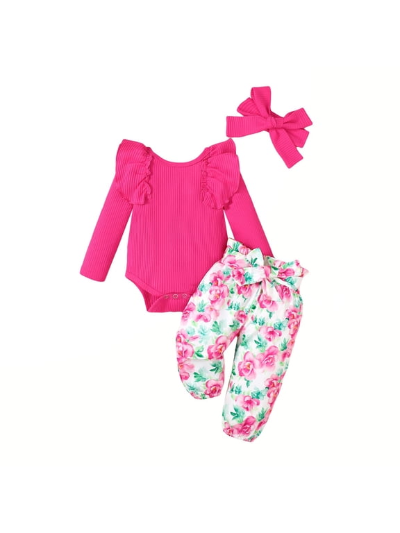 Gpaecead Baby Girl Clothes Newborn Infant Outfits Ruffle Romper+ Floral Pants + Cute Headband Sets for Girls 3 Months Hot Pink