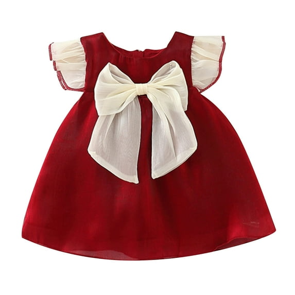 Rohuuque Baby Girl Short Sleeve Dress Toddler Tulle Mesh Bow Ruffle Princess Party Dresses 12-18 Months Red