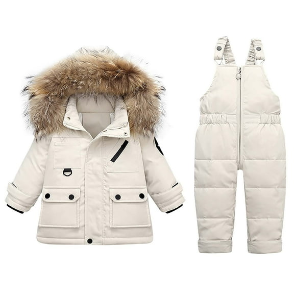 Rohuuque Baby Girls Boys Snowsuit,Infant Winter Clothes Toddler Kids Winter Warm Hooded Down Jacket Coat & Ski Bib Pants 2-3 Years Beige