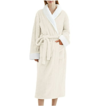 YanQiao Bathrobe For Women Collar Long Sleeved Robe Coat Sleepwear Robe with Pockets L Beige