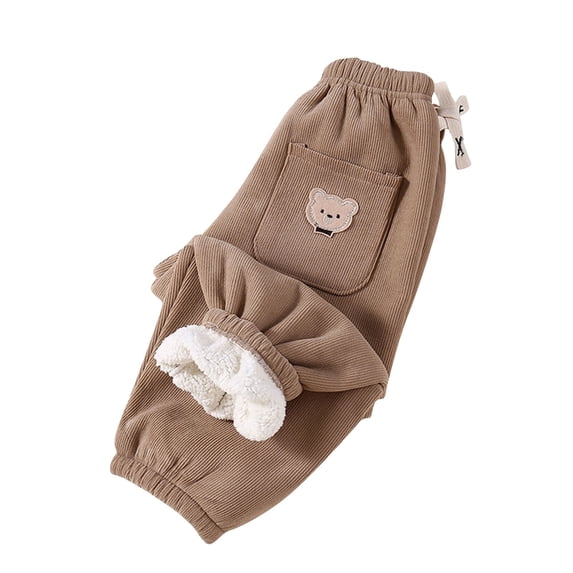 Lovskoo Boys Girls Warm Thick Pants, Youth Soft Cotton, Kids Basic Casual Pants with Pockets and Little Bear Print 10 Years Khaki
