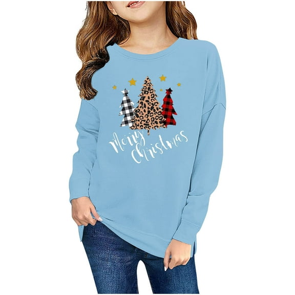 Rohuuque Children's Long Sleeved Sweatshirt,Christmas Printed Round Neck Top Suitable For Both Boys And Girls 7 Years Blue