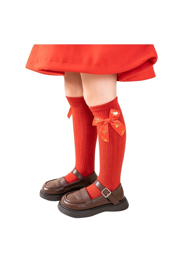 Lovskoo Christmas Cotton Socks Girls Boys Holiday Sock Soft Casual Cotton Socks with Bow Tie for Children Kids Free Size Red