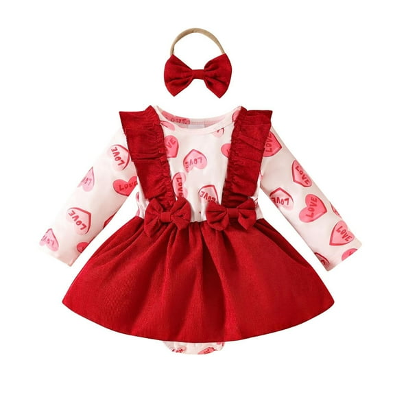 Rohuuque Cute Baby Girls' Casual 2-Piece Set: Long Sleeved Round Neck Pleated Dress Paired with Sweet Headband 3 Months Red