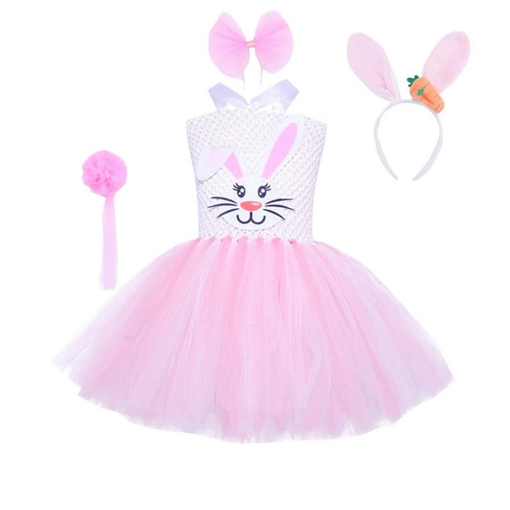 Gpaecead Easter Dresses for Girls Lovely Performance Bunny Princess Dresses & Rabbit Hairband & Bow Necklace & Tail Four Piece Set 5 Years Pink