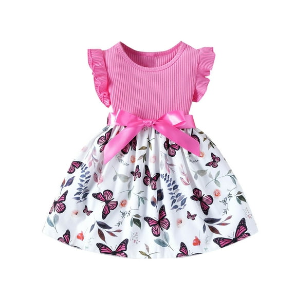 Gpaecead Girl's Butterfly Printed Sleeveless Round Neck Summer A Line Midi Knee Length Dress 2 Years Hot Pink