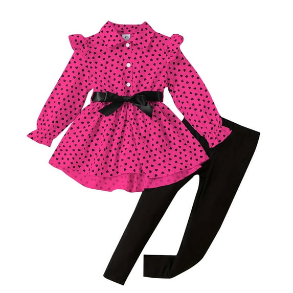 Gpaecead Girl's Heart Printed Long Sleeve Lapel Round Neck A Line Midi Knee Length Dress with Leggings 4-5 Years Hot Pink