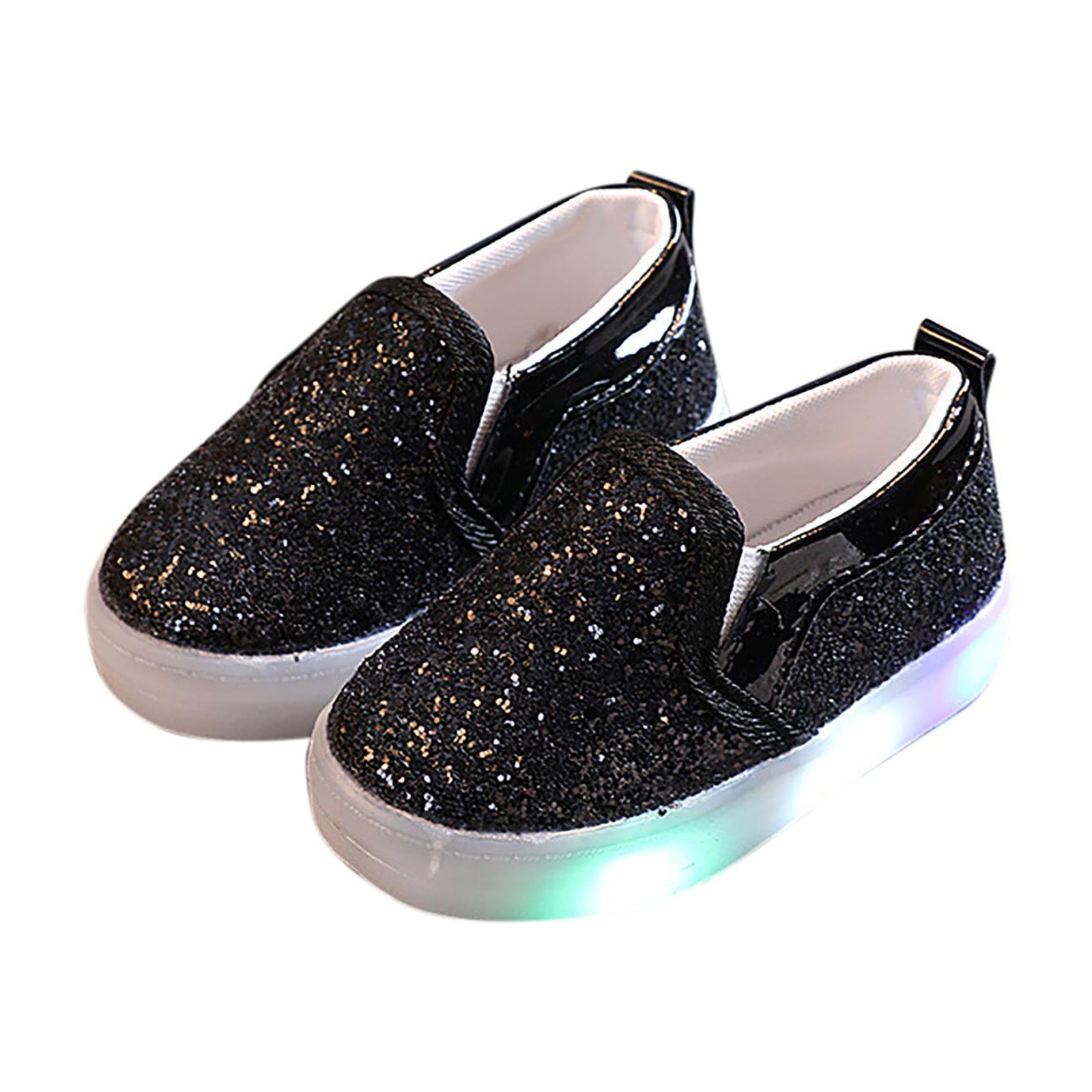 YanQiao Girl's Light Up Slip On Loafers Baby Glitter Shoes Flashing LED Casual Princess Party Shoes Flat Sneakers (Toddler/Little Kid) 0 Months Black