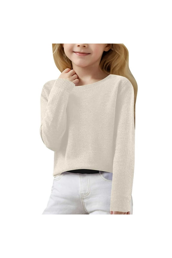 Rohuuque Girl's Oversized V-Neck Fall Sweaters Kids Long Sleeve Knit Pullover Shirts 7 Years Beige