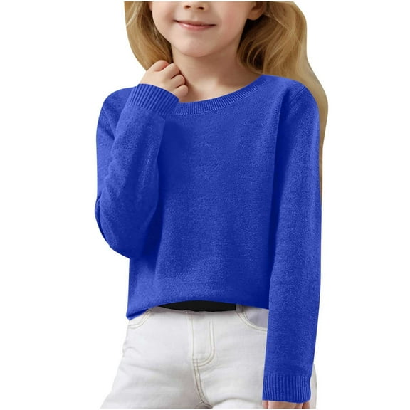 Rohuuque Girl's Oversized V-Neck Fall Sweaters Kids Long Sleeve Knit Pullover Shirts 7 Years Blue