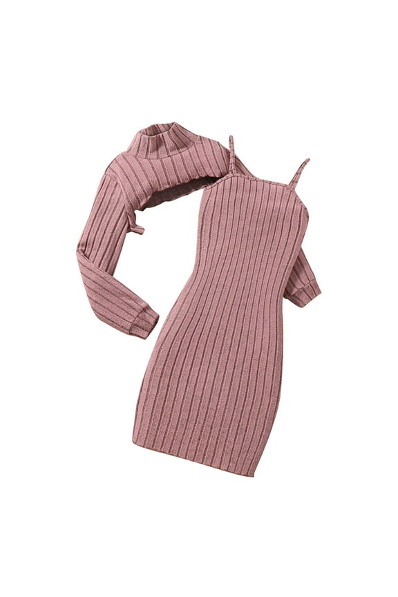 Rohuuque Girl's Stylish 2-Piece Outfit: Solid Color Bodycon Dress & Long Sleeve Top 9 Years Pink
