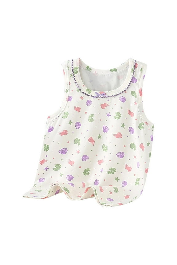 Rohuuque Girls' Camisole Undershirts - Children's Shell Printed Round Neck Cami Tank Tops for Casual Comfort 4 Years White