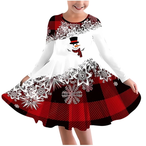 Gpaecead Girls Christmas Dress,Long Sleeve Stretchy Round Neck Skirt With Cute Pattern Print 7 Years Red