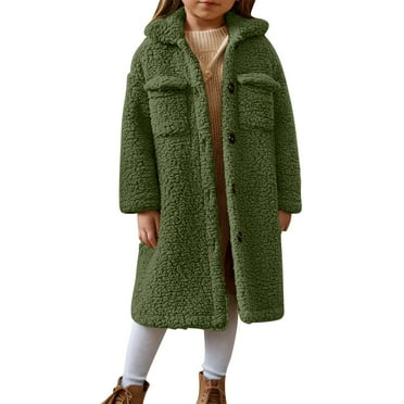 YanQiao Girls Fuzzy Jacket Casual Button Down Overcoat Faux Fur Jackets Outwear 3-4 Years Army Green