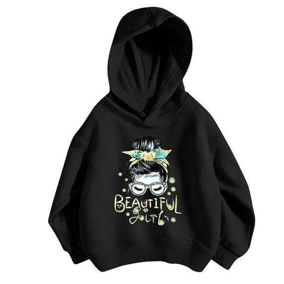 Rohuuque Girls Hoodie Sweatshirt,Long Sleeve Roundneck Cartoon Print Sweatshirts for Kids & Teens 8 Years Black