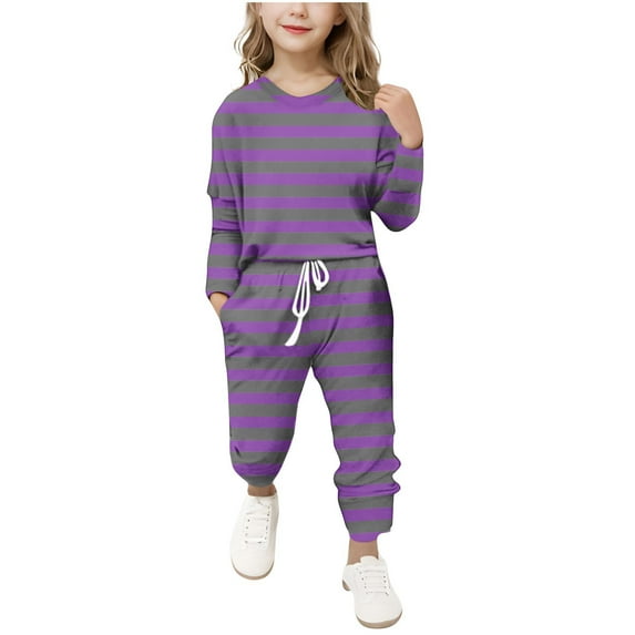 Gpaecead Girls' Long Sleeve Stripe Tops & Slim Pants 2-Piece Clothing Set 10 Years Purple