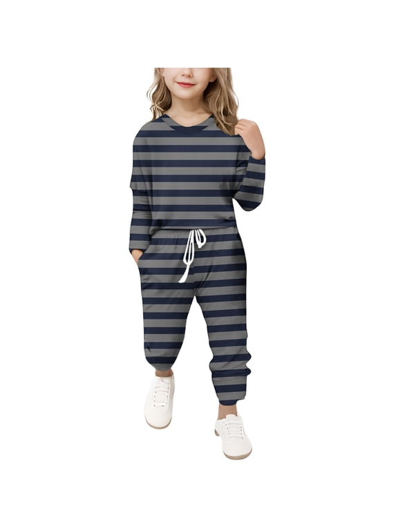 Gpaecead Girls' Long Sleeve Stripe Tops & Slim Pants 2-Piece Clothing Set 13 Years Navy