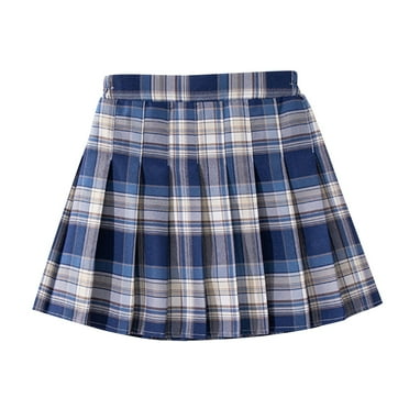 YanQiao Girls Pleated Plaid Skirt Elastic Waist Uniform Plus Size Casual School Uniform Outwear Skirts 15 Years Blue
