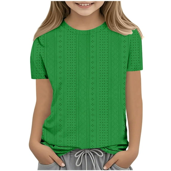 Gpaecead Girls Short Sleeve Shirts Crewneck Casual Pullover Kids Solid Color Blouse Tops 10 Years Green