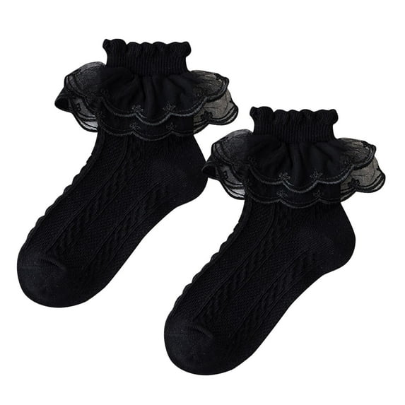 YanQiao Girls Socks for Dancing : Solid Color Lace Bowtie Cotton Breathable Princess Thick Socks 10 Years Black