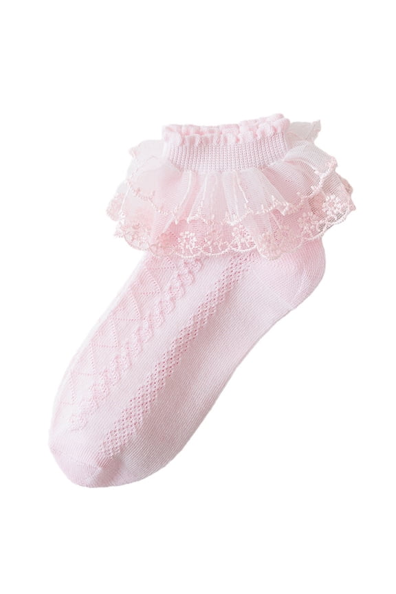 Lovskoo Girls Socks for Dancing : Solid Color Lace Cotton Breathable Princess Thin Socks 10 Years Pink