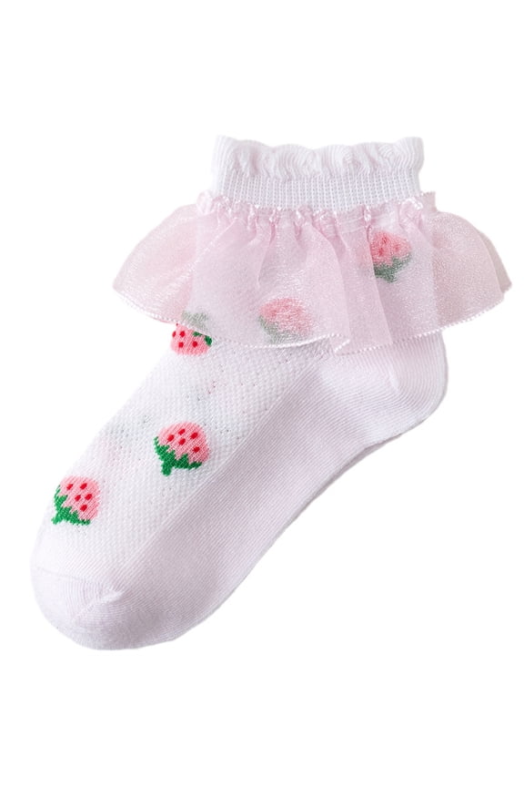 Lovskoo Girls Socks for Summer : Solid Color Lace Strawberry Printed Cotton Breathable Princess Thin Socks 4 Years Pink