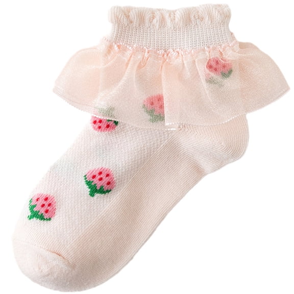 Lovskoo Girls Socks for Summer : Solid Color Lace Strawberry Printed Cotton Breathable Princess Thin Socks 4 Years Yellow