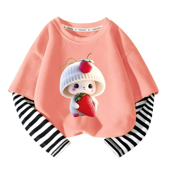 Rohuuque Girls Striped Long Sleeve Sweatshirts Kids Crewneck Cotton Rabbit Printed Tops Tees for Spring & Autumn 4 Years Pink