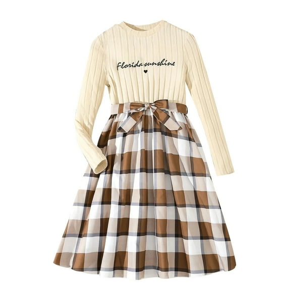 Rohuuque Girls' Stylish Two-Piece Set: Long Sleeved Round Neck Letter Printed Tops & Plaid Dress 9 Years Khaki