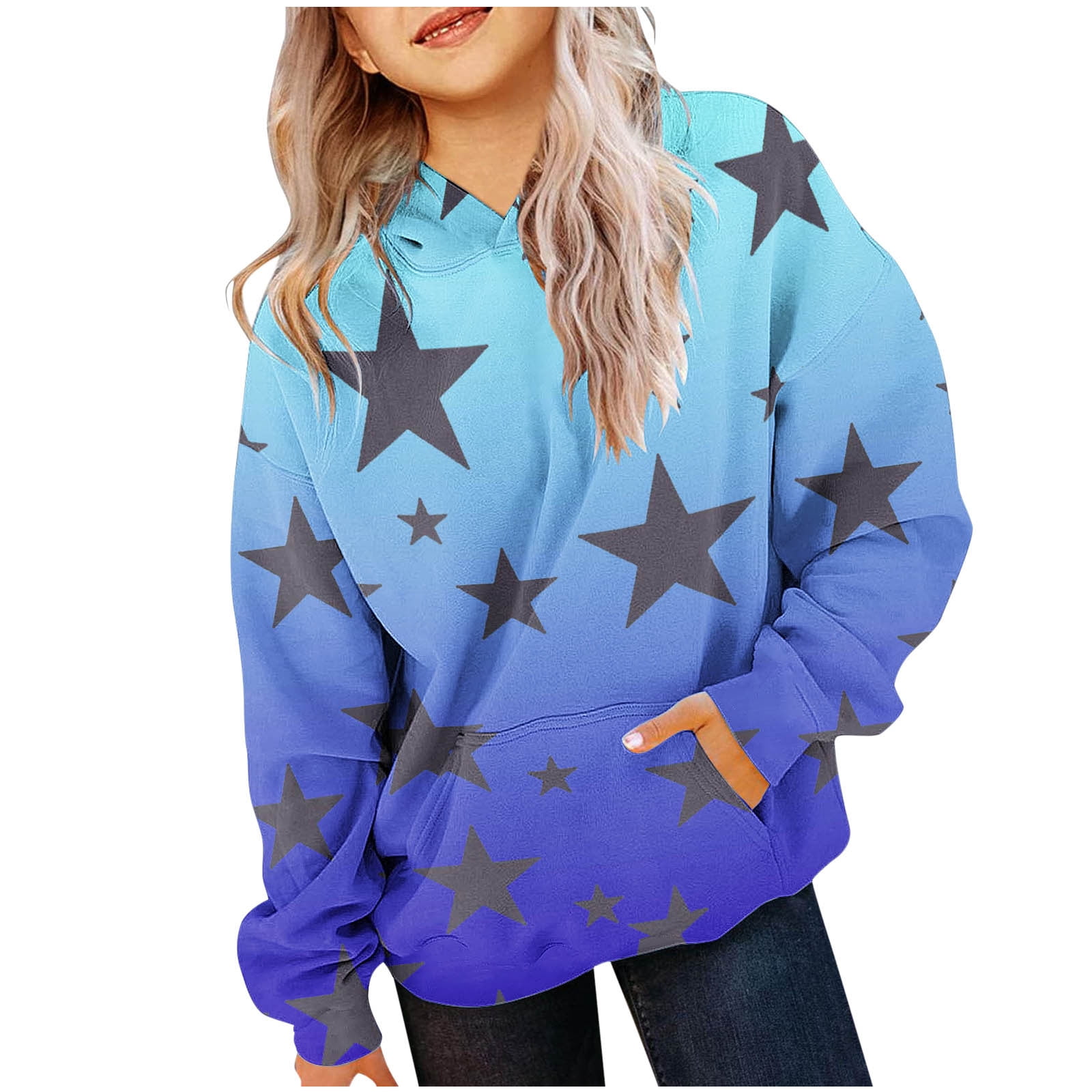 Girls White Star Printed Sweatshirt With Denim Pant Sets main image 1