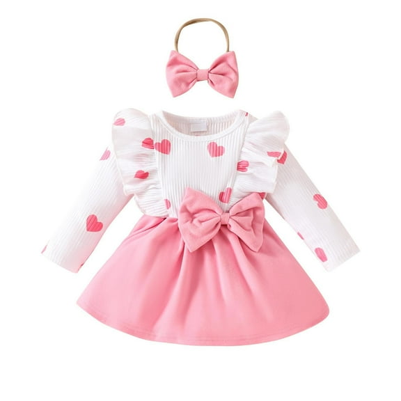 Rohuuque Girls' Two-Piece Casual Dress Set: Long Sleeved Round Neck Dress with Bow Headband 18 Months Pink