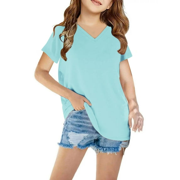 Gpaecead Girls V Neck T-Shirts Kids Summer Short Sleeve Tops Cute Tees 3-4 Years Light Blue
