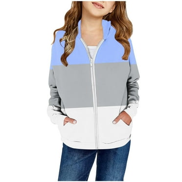 YanQiao Girls Zip Up Hoodies Teen Full-Zip Sweatshirts Jacket Casual Fall Hoodie with Pocket 11 Years Blue