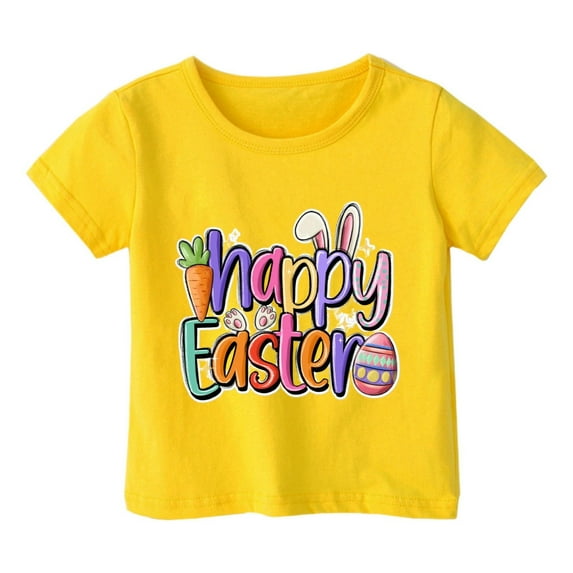 Rohuuque Happy Easter Eggs Shirts Boys Girls Bunny Tshirt Short Sleeve Cotton Tee Funny Rabbit Graphic Tshirts 7 Years Yellow