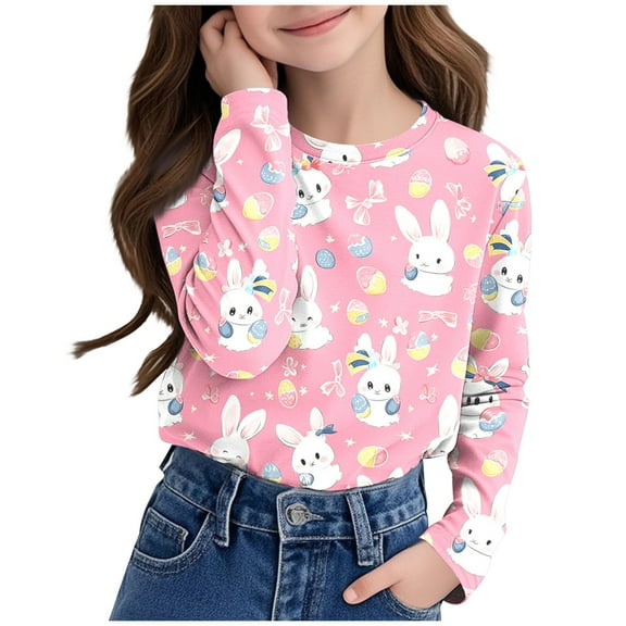 Gpaecead Happy Easter Eggs Shirts Girls Cute Bunny Tshirt Long Sleeve Pullover Funny Rabbit Graphic Shirts 9 Years Pink