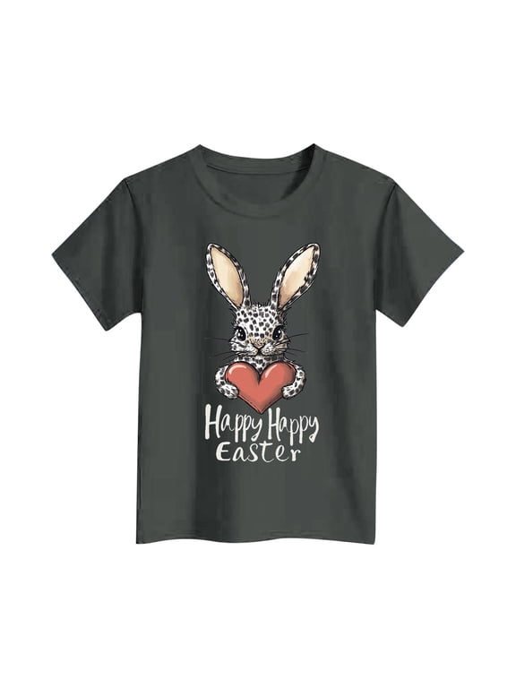Lovskoo Happy Easter Graphic Spring Shirt Cute Letter Printed Blouse Tees Girls Casual Short Sleeve Tops 9 Years Gray