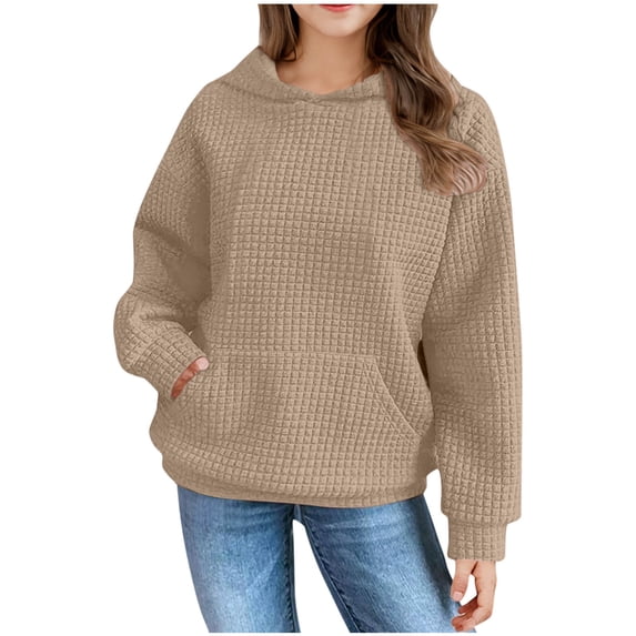 Gpaecead Hoodies For Teen Girls Casual Solid Color Long Sleeve Crewneck Pullover Sweatshirts with Pockets 10 Years Khaki