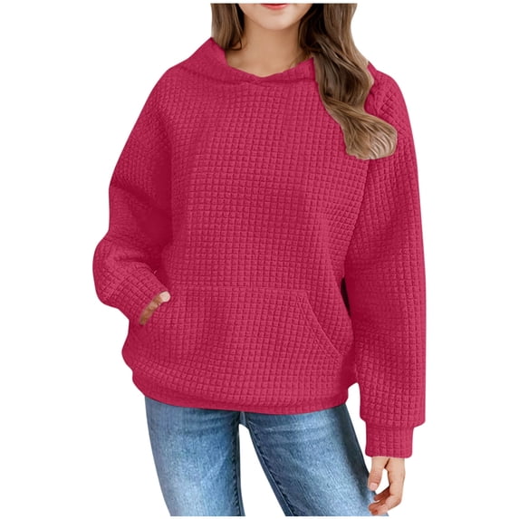 Gpaecead Hoodies For Teen Girls Casual Solid Color Long Sleeve Crewneck Pullover Sweatshirts with Pockets 12 Years Hot Pink