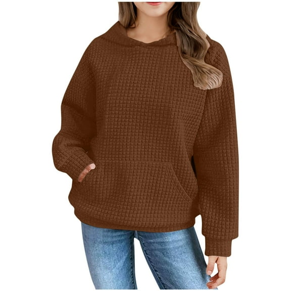 Gpaecead Hoodies For Teen Girls Casual Solid Color Long Sleeve Crewneck Pullover Sweatshirts with Pockets 5 Years Brown