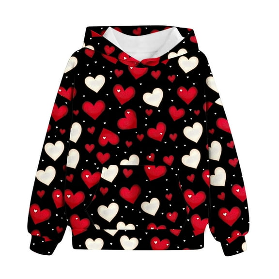 Gpaecead Hoodies for Teen Girls Valentine's Day Heart Printed Pullover Long Sleeve Sweatshirts 3 Years Black