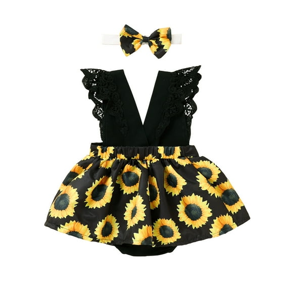 Gpaecead Infant Baby Girl Lace Rompers V-Back Bowknot Bodysuit Cute Newborn Ruffle Clothes 18-24 Months Yellow