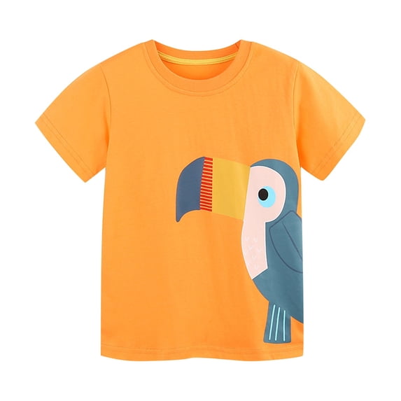 Lovskoo Kids Boys Girls Bird Printed Tops Short Sleeved Solid Round Neck Basic T Shirts Summer Sport Clothes 6 Years Orange