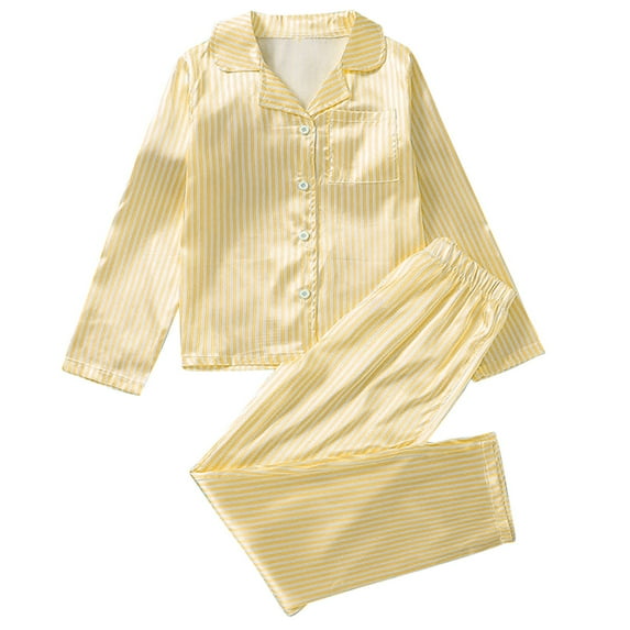 Gpaecead Kids' Satin Pajama Set: Button Down Sleep Shirt Top + Long Pants for Baby Girls & Boys 10 Years Yellow