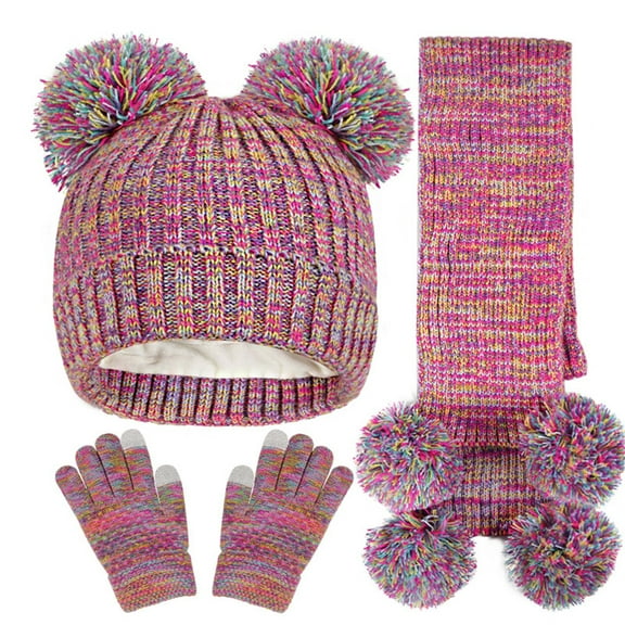 Rohuuque Kids Winter Hat Gloves Scarf Set, Knitted Toddler Beanie Cap, Mitten Gloves,and Neck Warmer for Boys Girls 5 Years Purple