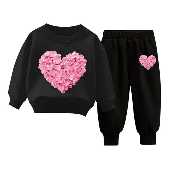 Gpaecead Little Girls Sweatsuits Clothes Toddler Long Sleeve Heart Print Shirts Top + Pants Kids Clothing Set 4 Years Black