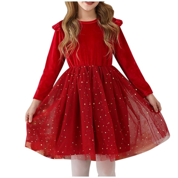 Gpaecead Long Sleeve Dress for Girls Ruffled Casual Sequin Party Performance Princess Dresses 6 Years Red