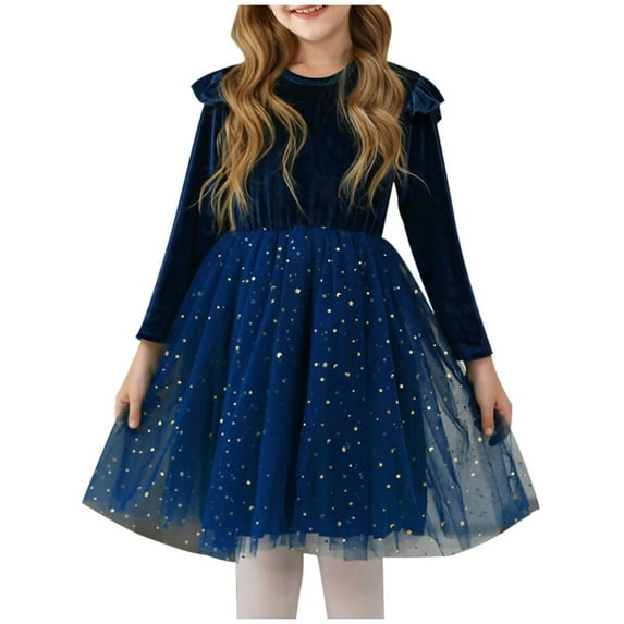 Gpaecead Long Sleeve Dress for Girls Ruffled Casual Sequin Party Performance Princess Dresses 8 Years Light Blue