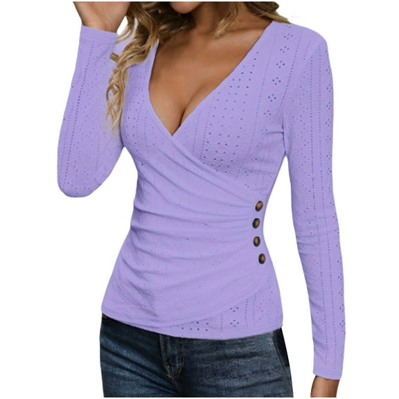 Gpaecead Long Sleeve Shirts for Women: Color Blocked Casual Blouses with V-Neck S Purple