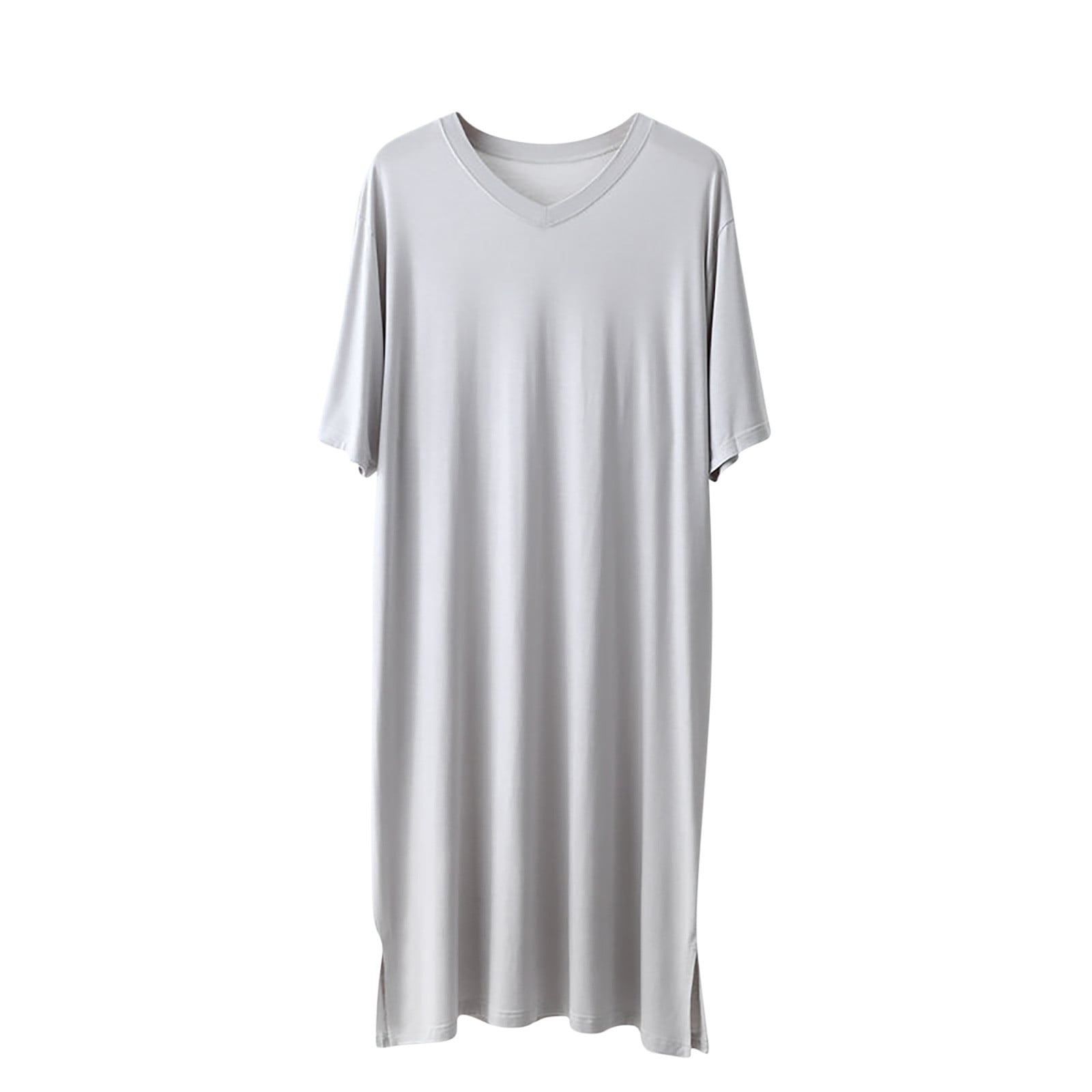 Men's V-Neck Nightshirt - Long Sleeve Cotton Blend Sleep Shirt With Pocket